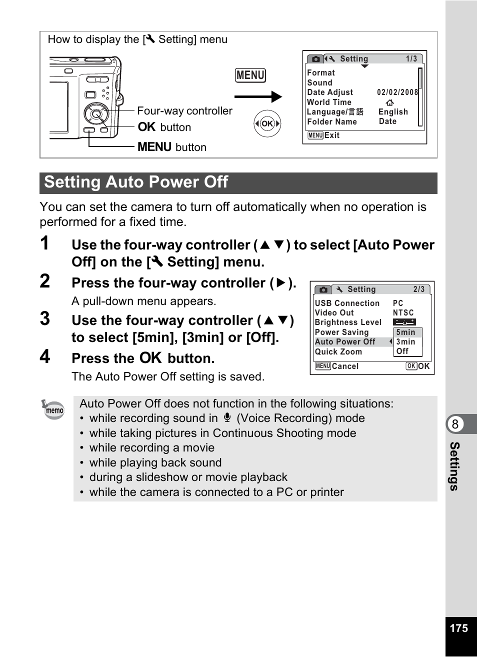 Setting auto power off, P.175, Press the four-way controller ( 5 ) | Press the 4 button | Pentax Optio M50 User Manual | Page 177 / 212