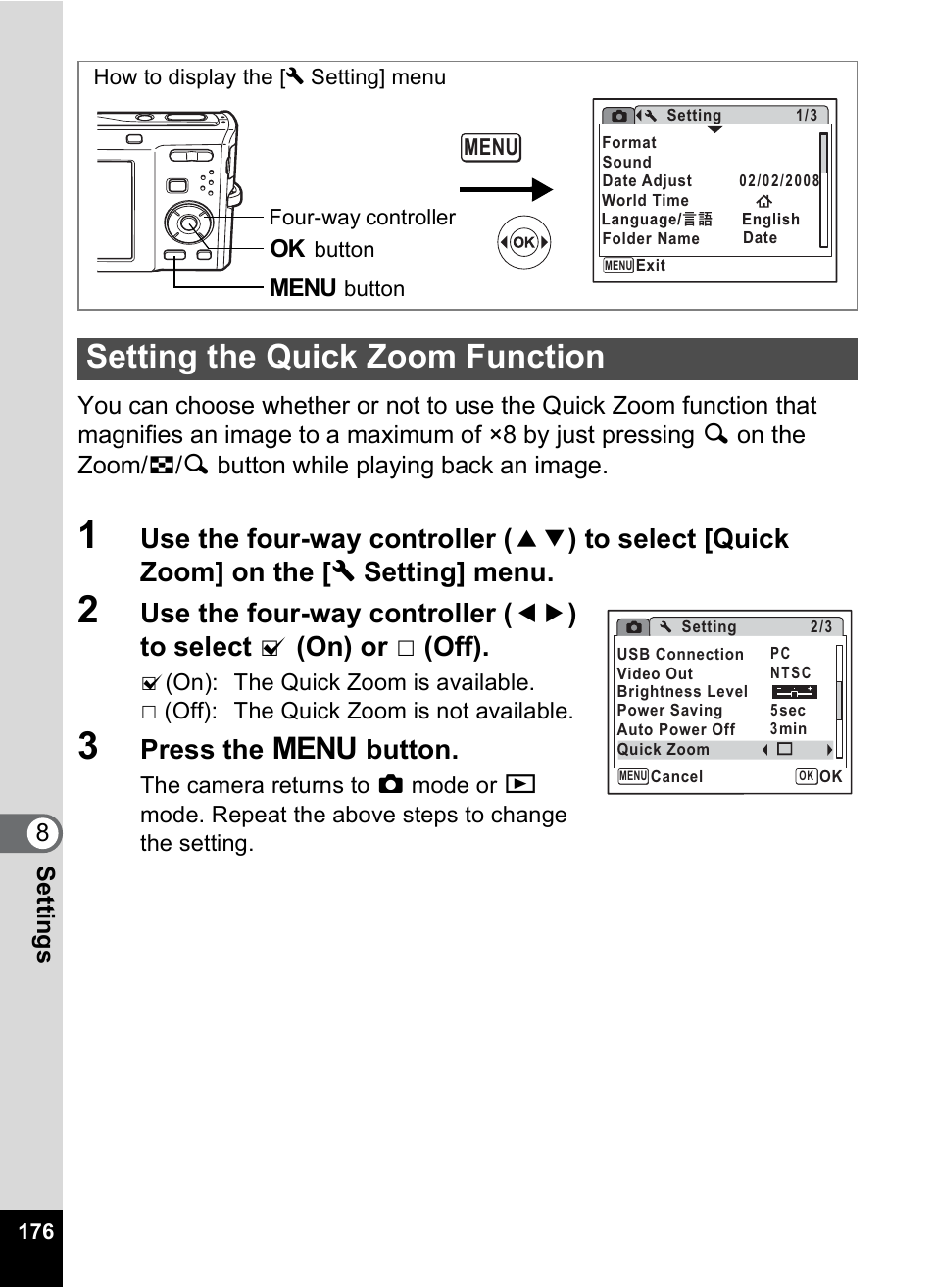 Setting the quick zoom function, P.176, Press the 3 button | Pentax Optio M50 User Manual | Page 178 / 212