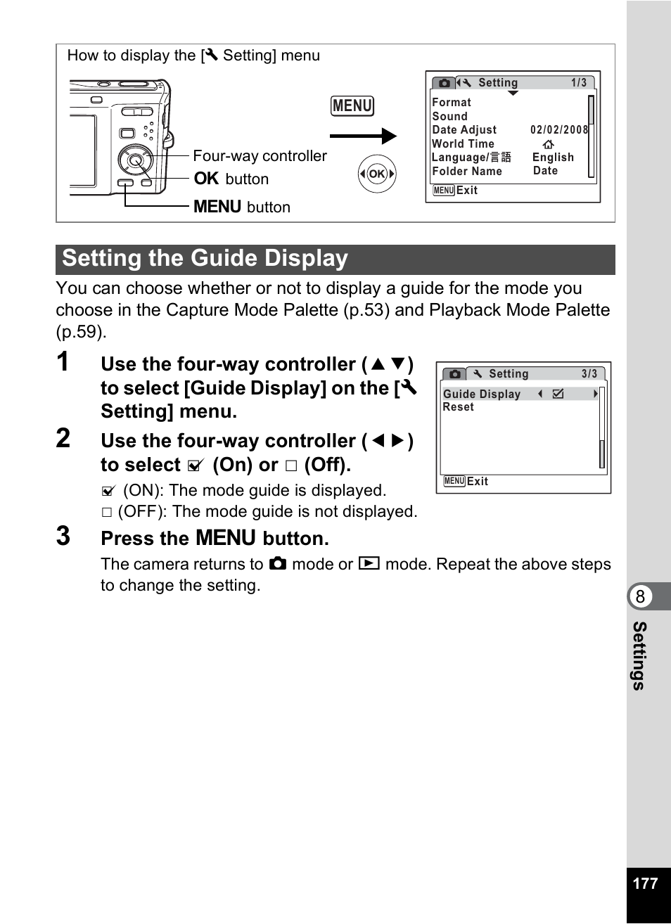 Setting the guide display, P.177, Press the 3 button | Pentax Optio M50 User Manual | Page 179 / 212