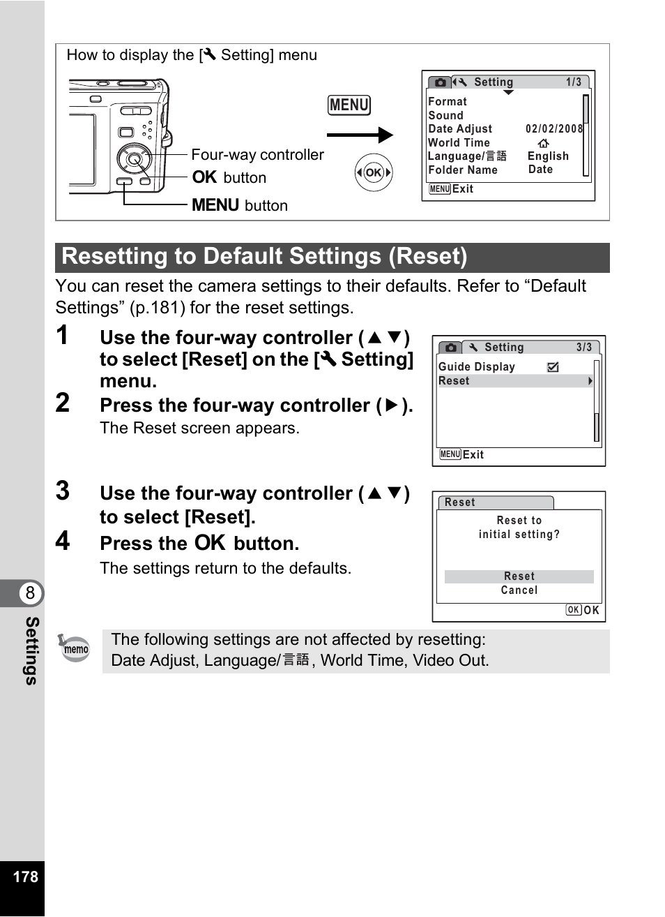 Resetting to default settings (reset), P.178, Press the four-way controller ( 5 ) | Press the 4 button | Pentax Optio M50 User Manual | Page 180 / 212