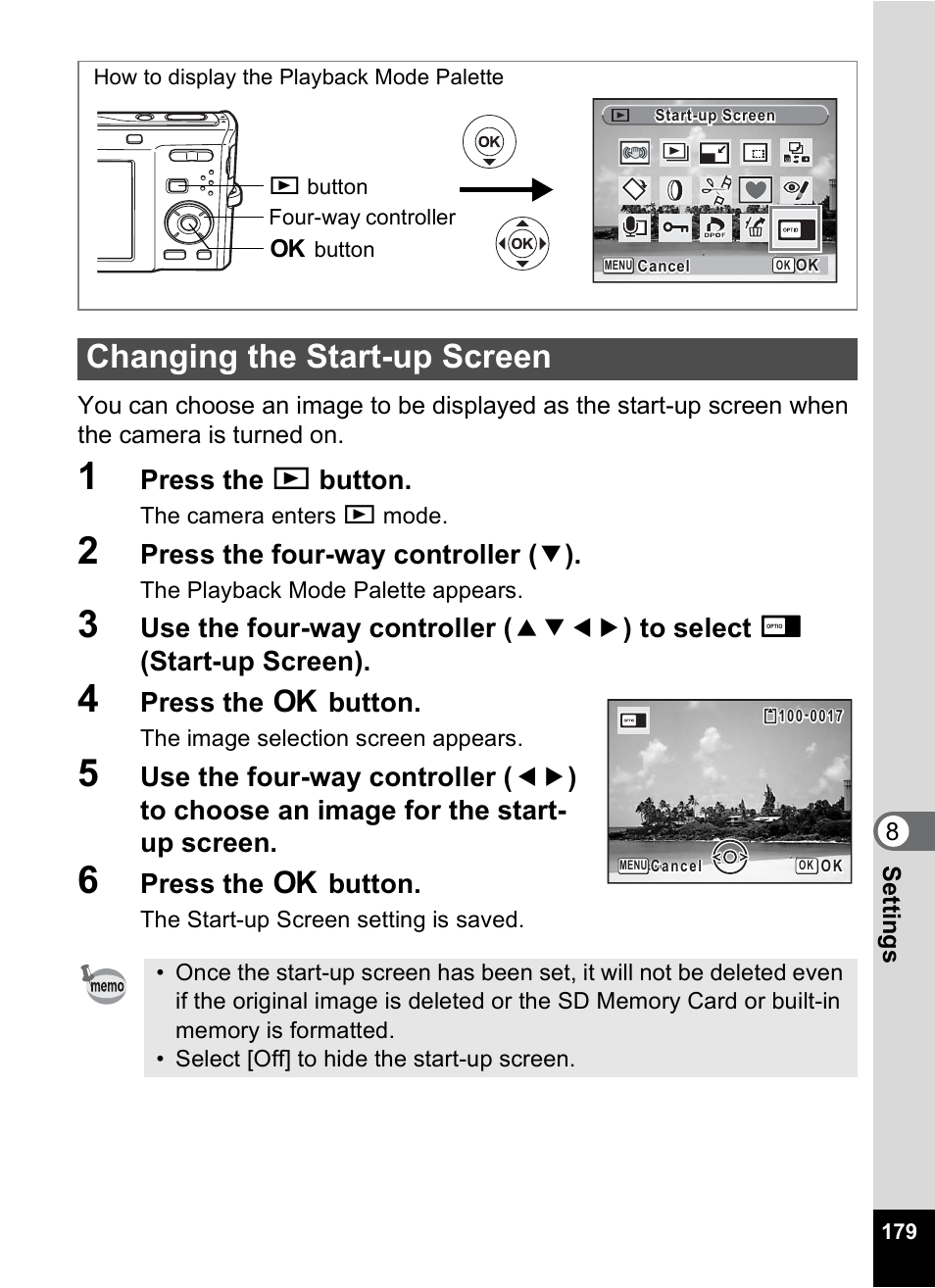 Changing the start-up screen, P.179, Press the q button | Press the four-way controller ( 3 ), Press the 4 button | Pentax Optio M50 User Manual | Page 181 / 212