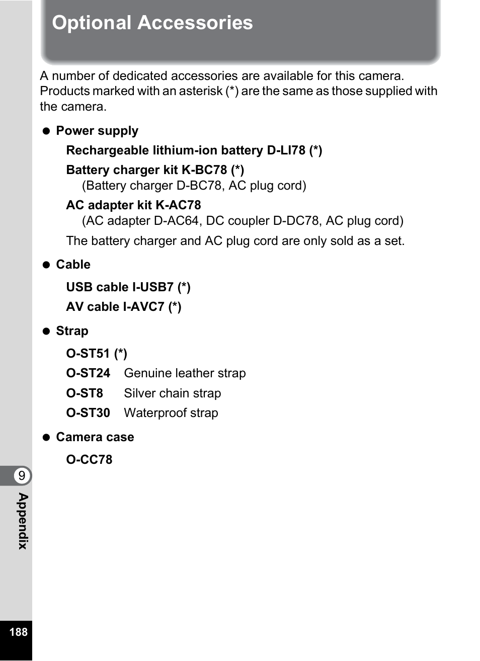 Optional accessories | Pentax Optio M50 User Manual | Page 190 / 212