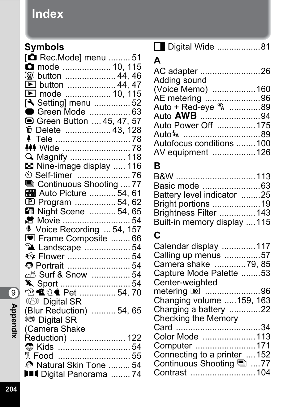 Index | Pentax Optio M50 User Manual | Page 206 / 212