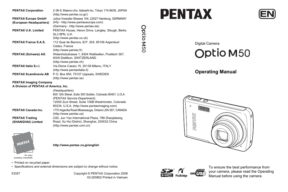 Operating manual, Digital camera | Pentax Optio M50 User Manual | Page 212 / 212