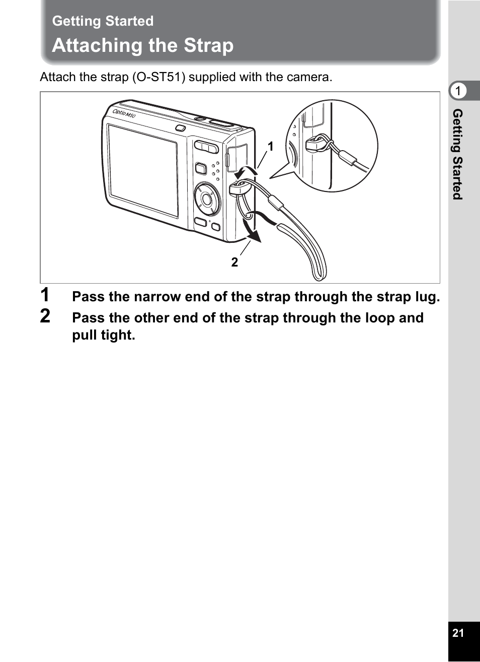 Getting started, Attaching the strap | Pentax Optio M50 User Manual | Page 23 / 212