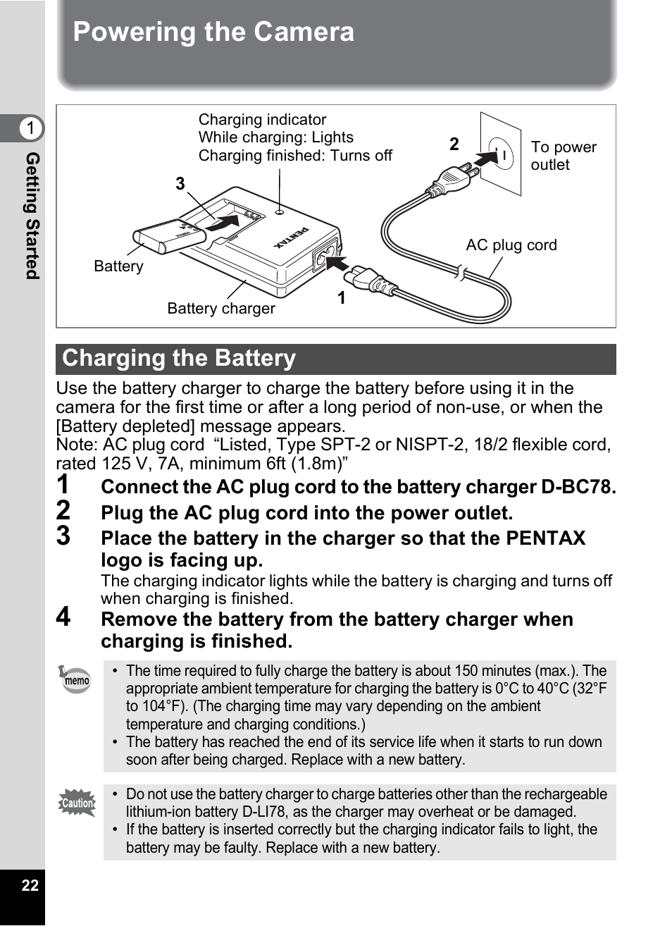 Powering the camera, Charging the battery | Pentax Optio M50 User Manual | Page 24 / 212