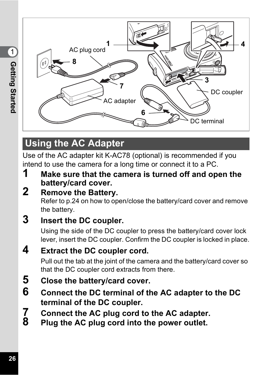 Using the ac adapter | Pentax Optio M50 User Manual | Page 28 / 212