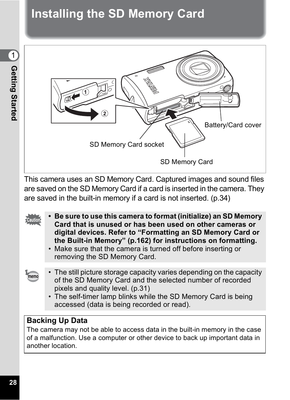 Installing the sd memory card | Pentax Optio M50 User Manual | Page 30 / 212