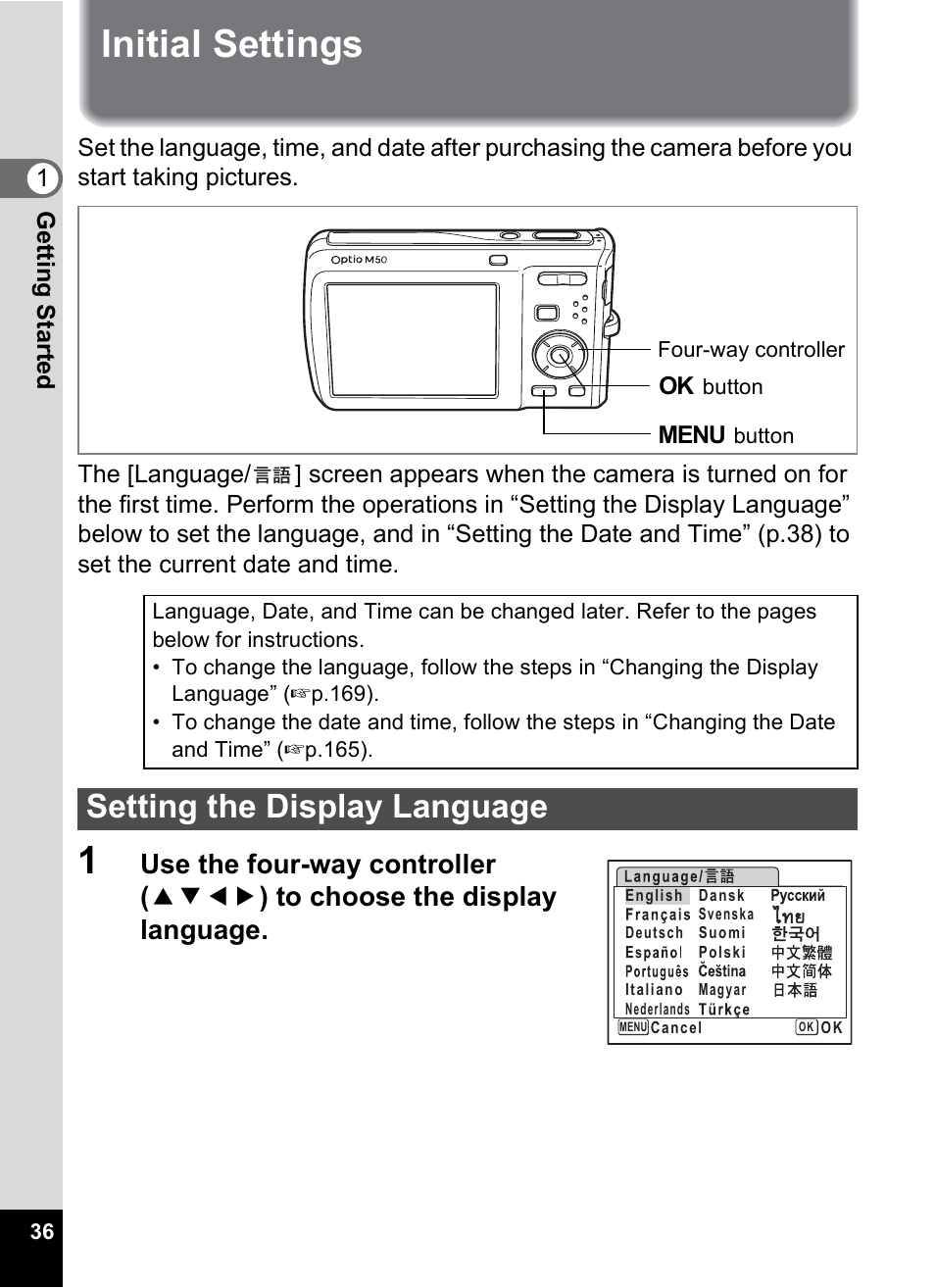 Initial settings, Setting the display language | Pentax Optio M50 User Manual | Page 38 / 212