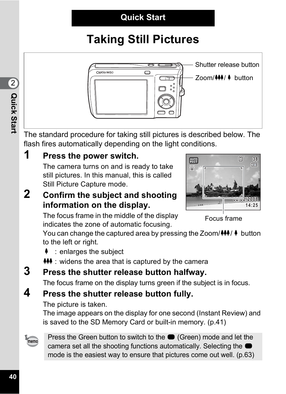 Quick start, Taking still pictures, P.40) | Pentax Optio M50 User Manual | Page 42 / 212