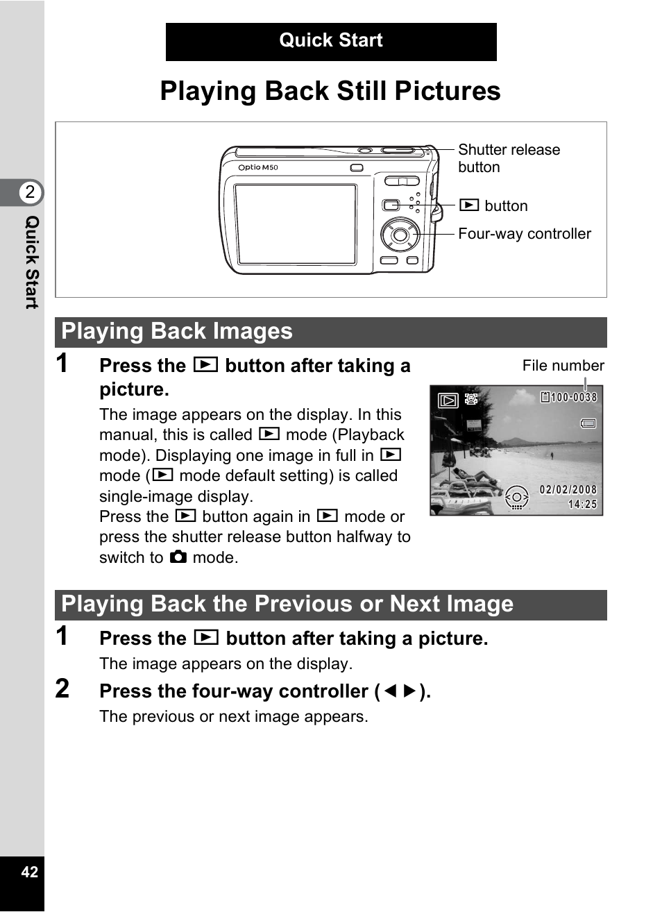 Playing back still pictures, Playing back images, Playing back the previous or next image | Playing back still pictures 1 | Pentax Optio M50 User Manual | Page 44 / 212