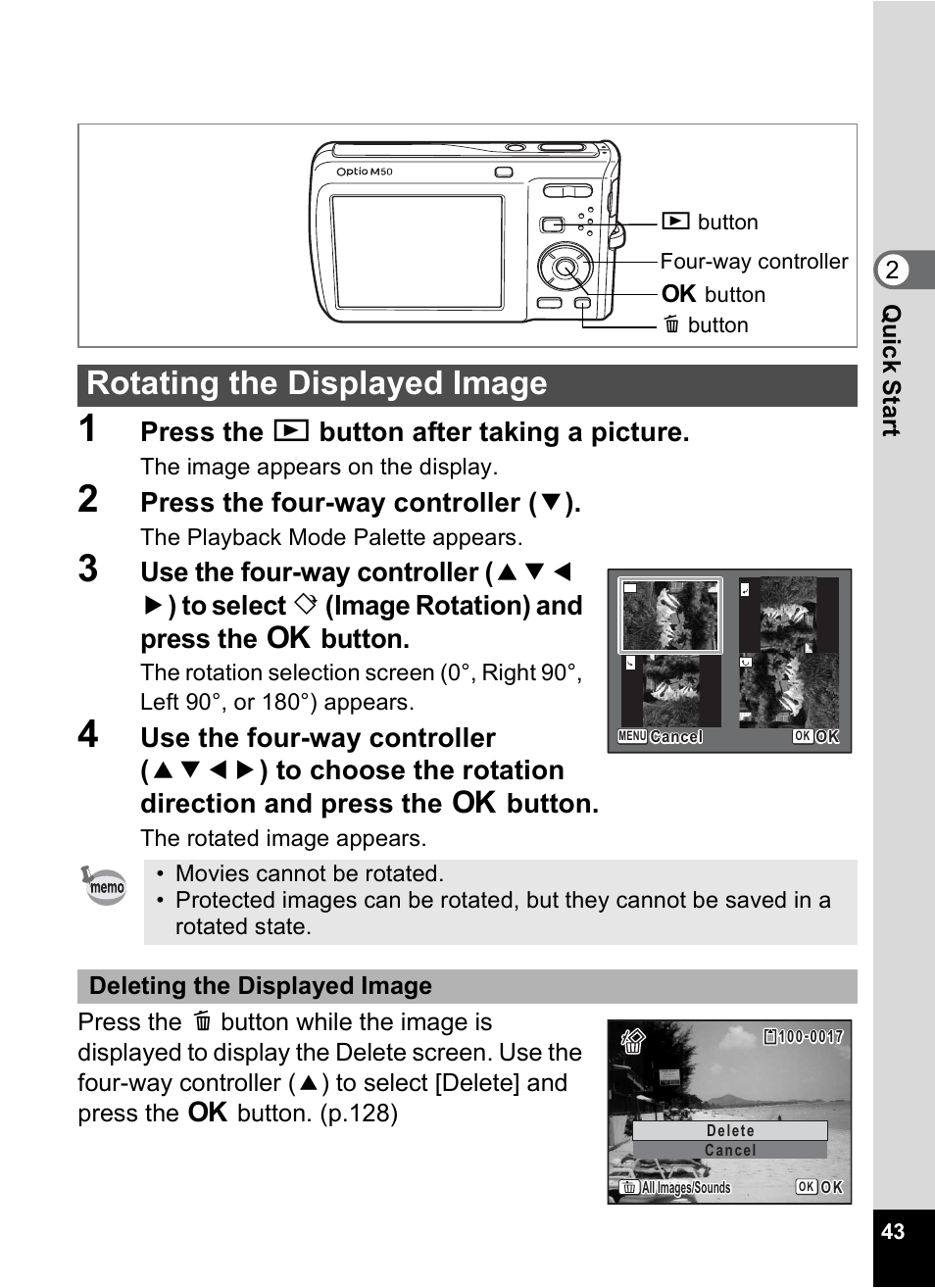 Rotating the displayed image, Press the q button after taking a picture, Press the four-way controller ( 3 ) | Pentax Optio M50 User Manual | Page 45 / 212