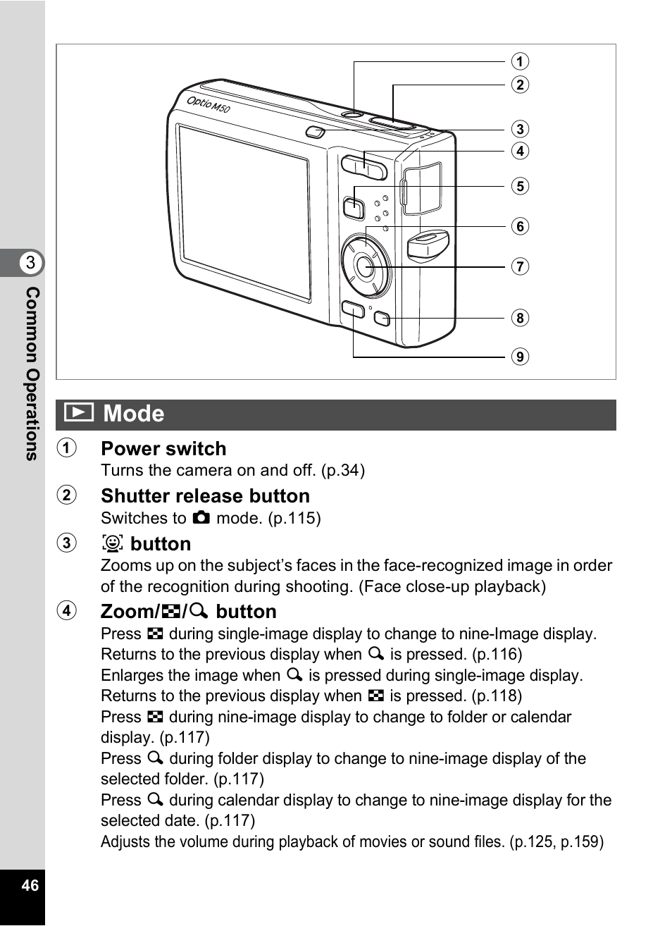 Playback mode, Mode, Qmode | Pentax Optio M50 User Manual | Page 48 / 212