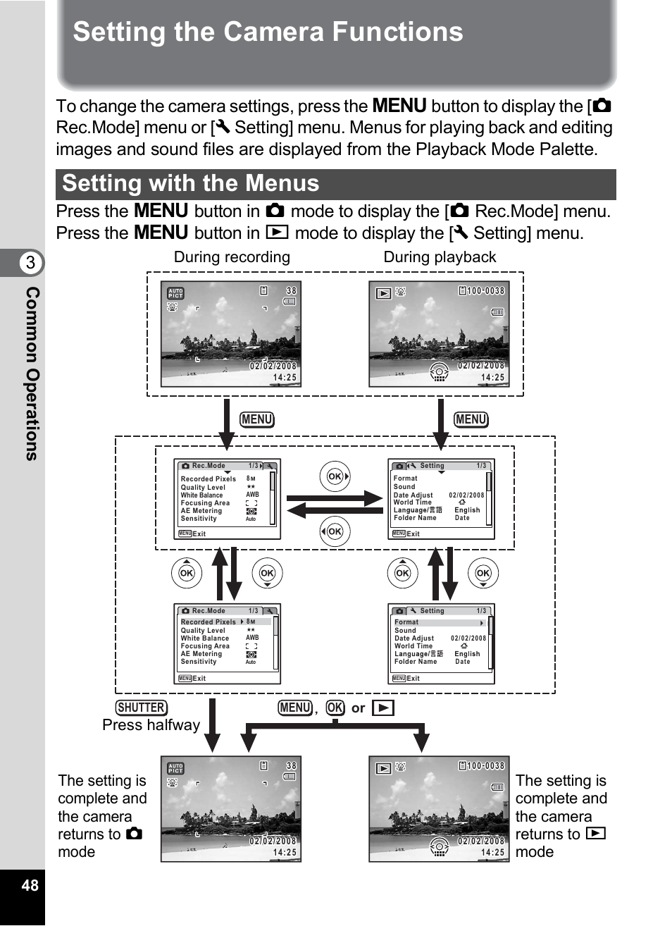 Setting the camera functions, Setting with the menus, P.48) | 3com m on o p erati ons, Menu shutter menu menu ok | Pentax Optio M50 User Manual | Page 50 / 212