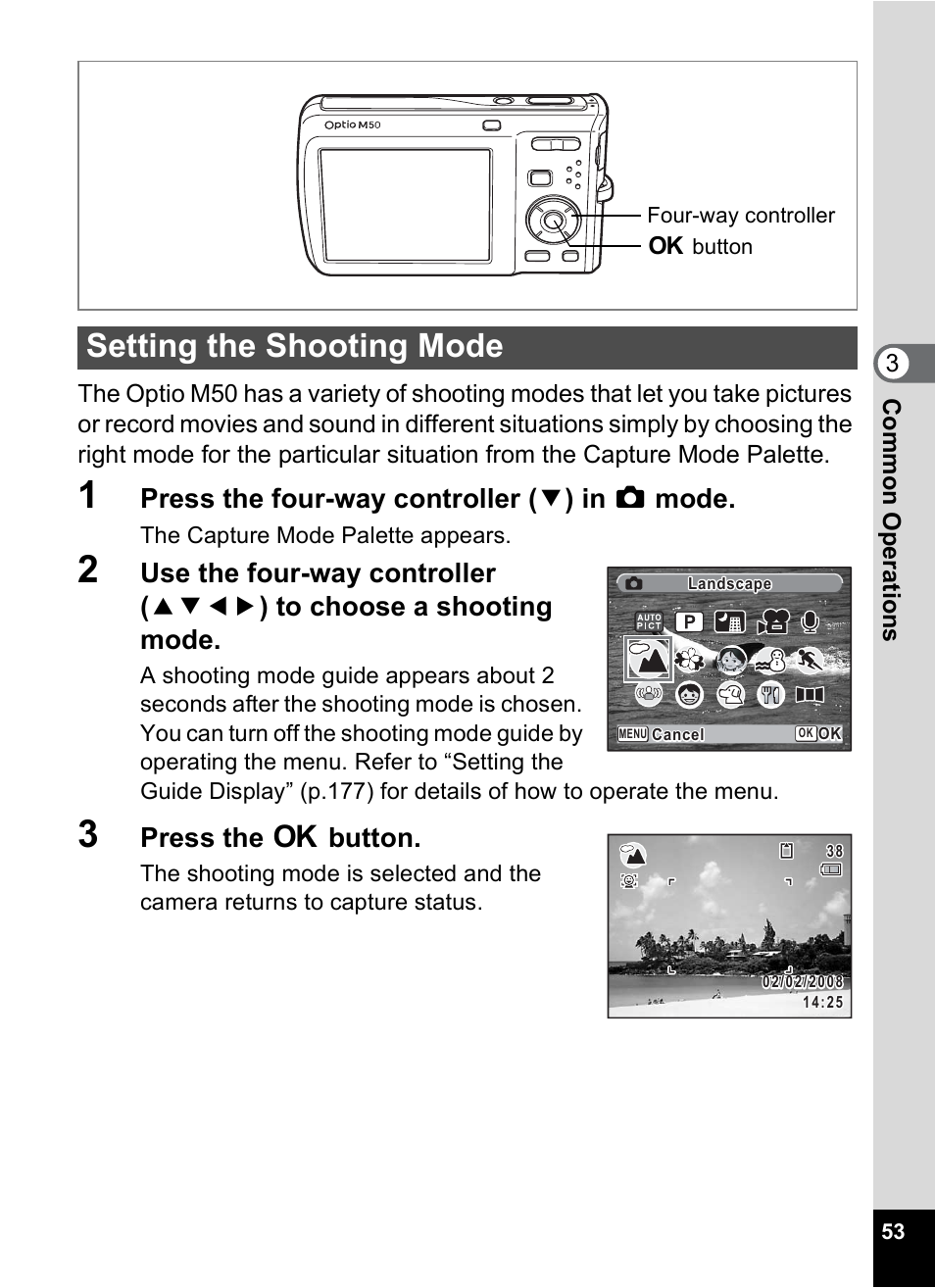 Setting the shooting mode, P.53), P.53, p | P.53, p.59, P.53, Press the four-way controller ( 3 ) in a mode, Press the 4 button | Pentax Optio M50 User Manual | Page 55 / 212