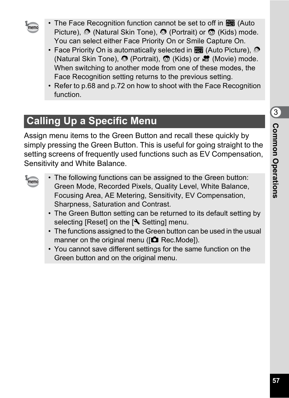 Calling up a specific menu, P.57 | Pentax Optio M50 User Manual | Page 59 / 212