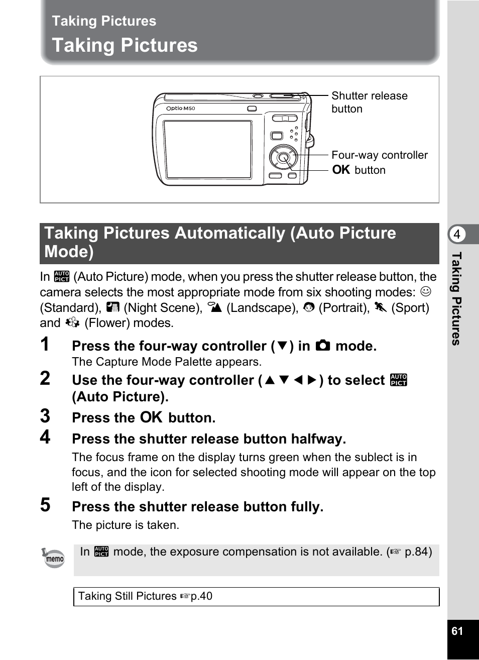 Taking pictures, Taking pictures automatically (auto picture mode), P.61 | Pentax Optio M50 User Manual | Page 63 / 212