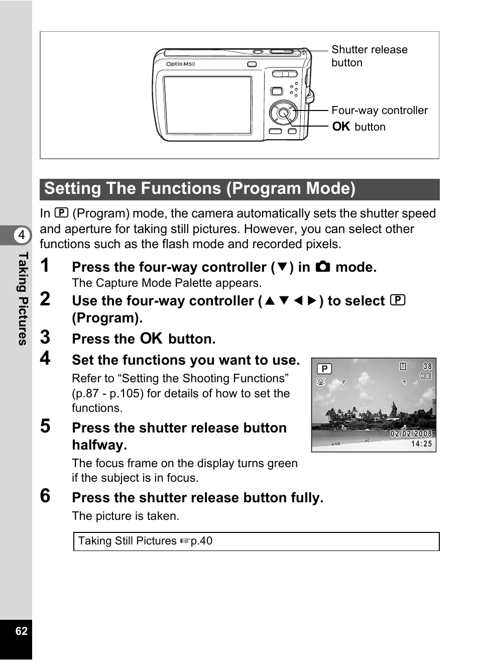 Setting the functions (program mode), P.62 | Pentax Optio M50 User Manual | Page 64 / 212