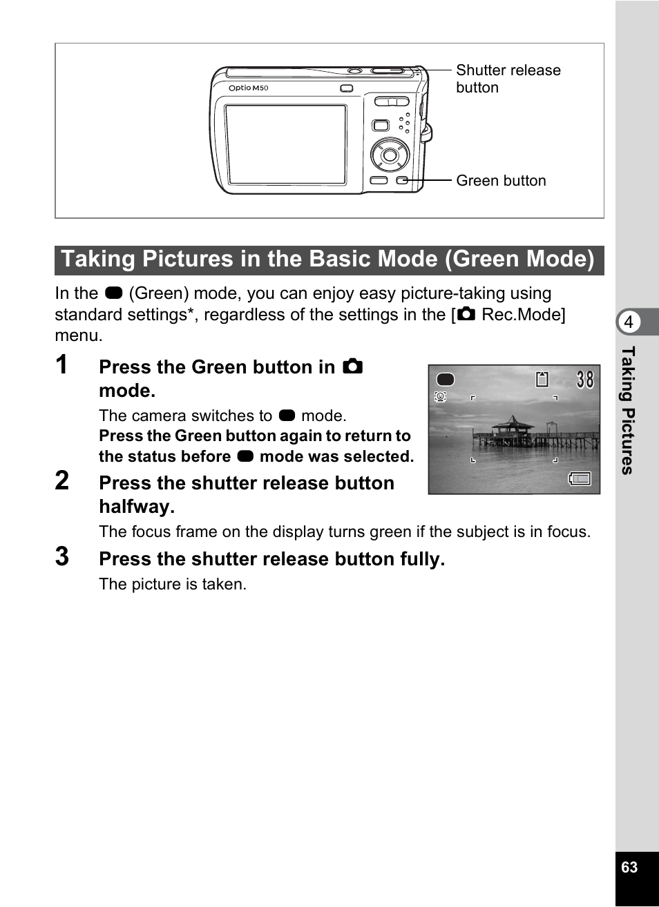 Taking pictures in the basic mode (green mode), P.63) | Pentax Optio M50 User Manual | Page 65 / 212