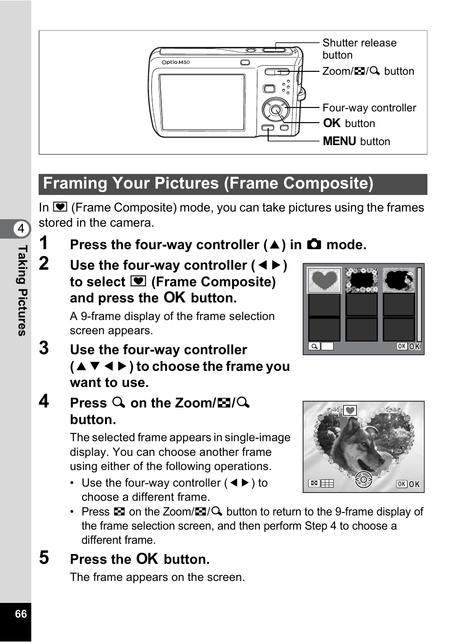 Framing your pictures (frame composite) | Pentax Optio M50 User Manual | Page 68 / 212