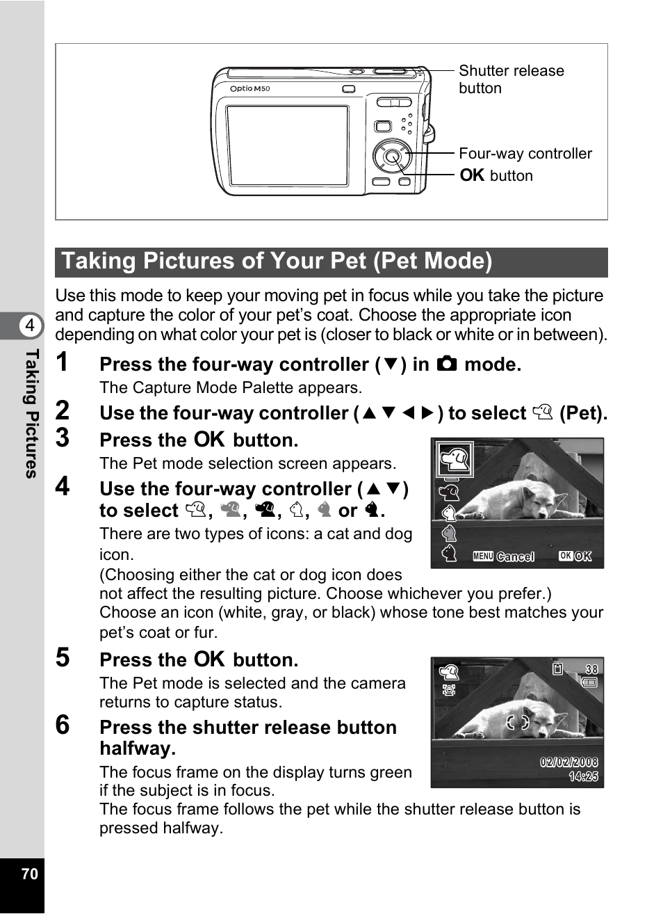 Taking pictures of your pet (pet mode), P.70 | Pentax Optio M50 User Manual | Page 72 / 212