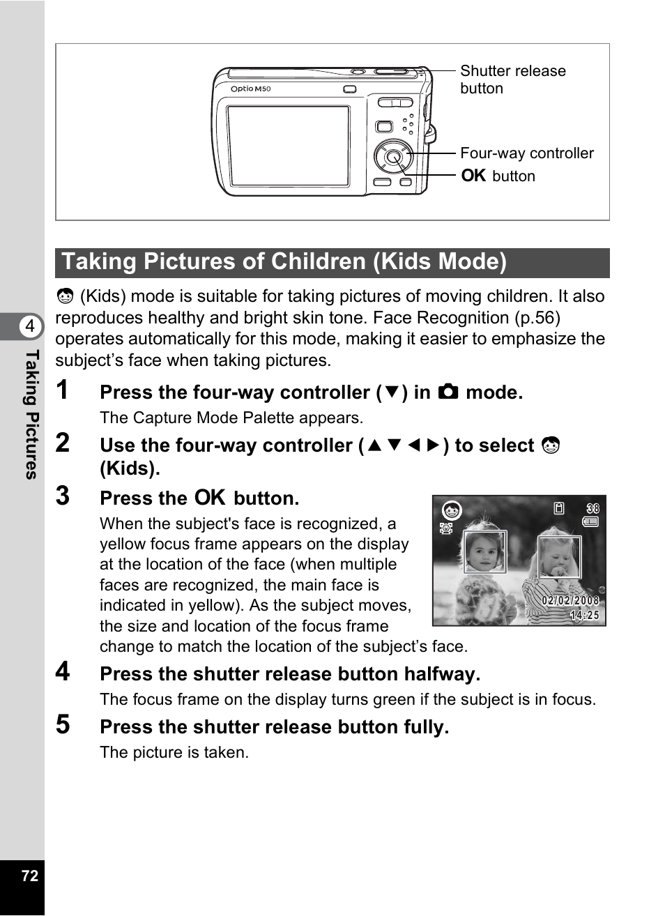 Taking pictures of children (kids mode), P.72 | Pentax Optio M50 User Manual | Page 74 / 212