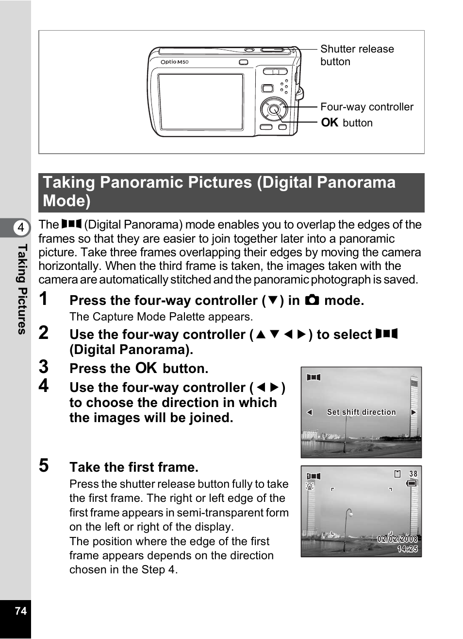 Taking panoramic pictures (digital panorama mode) | Pentax Optio M50 User Manual | Page 76 / 212