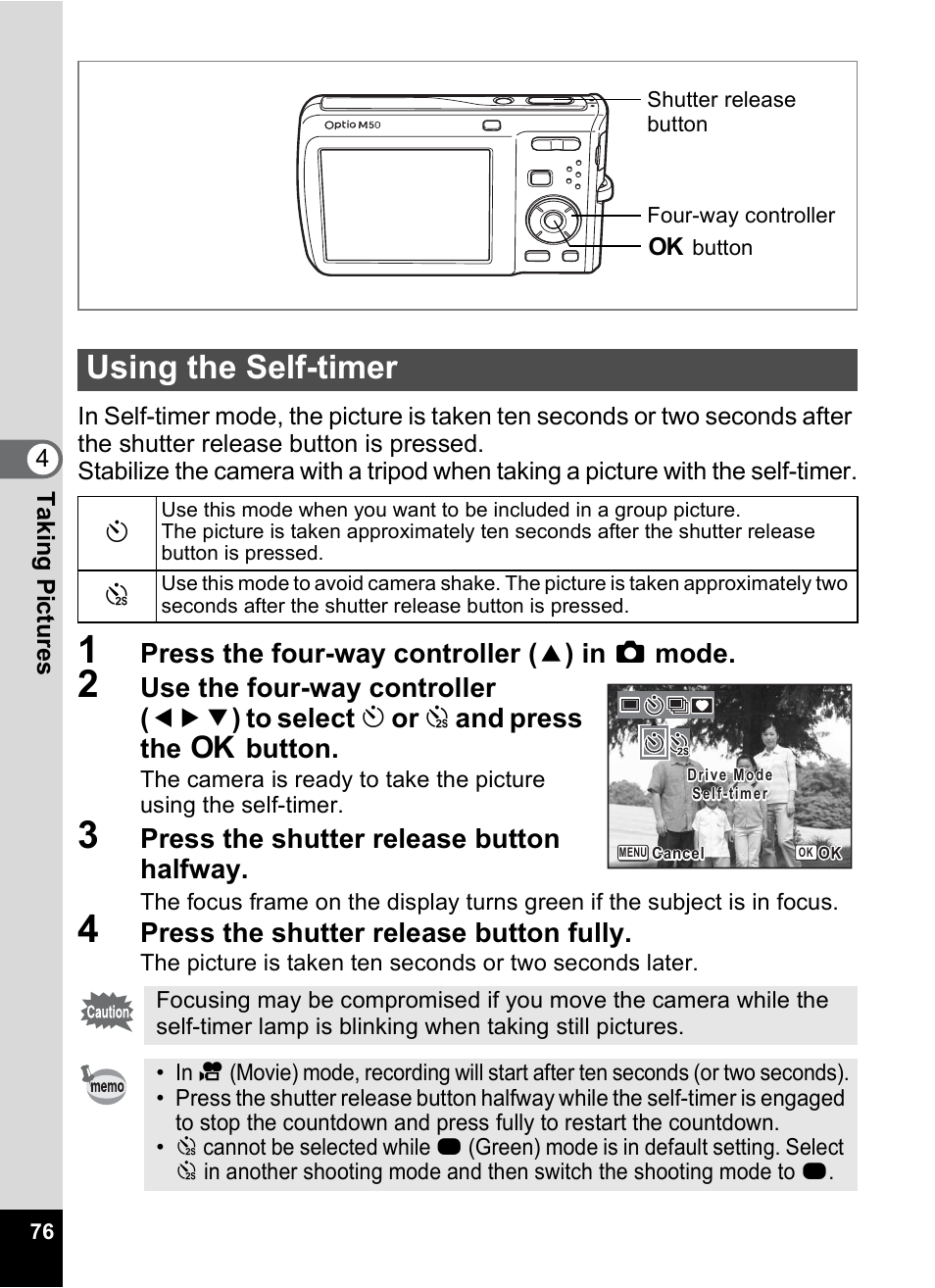 Using the self-timer, P.76, Press the four-way controller ( 2 ) in a mode | Press the shutter release button halfway, Press the shutter release button fully | Pentax Optio M50 User Manual | Page 78 / 212