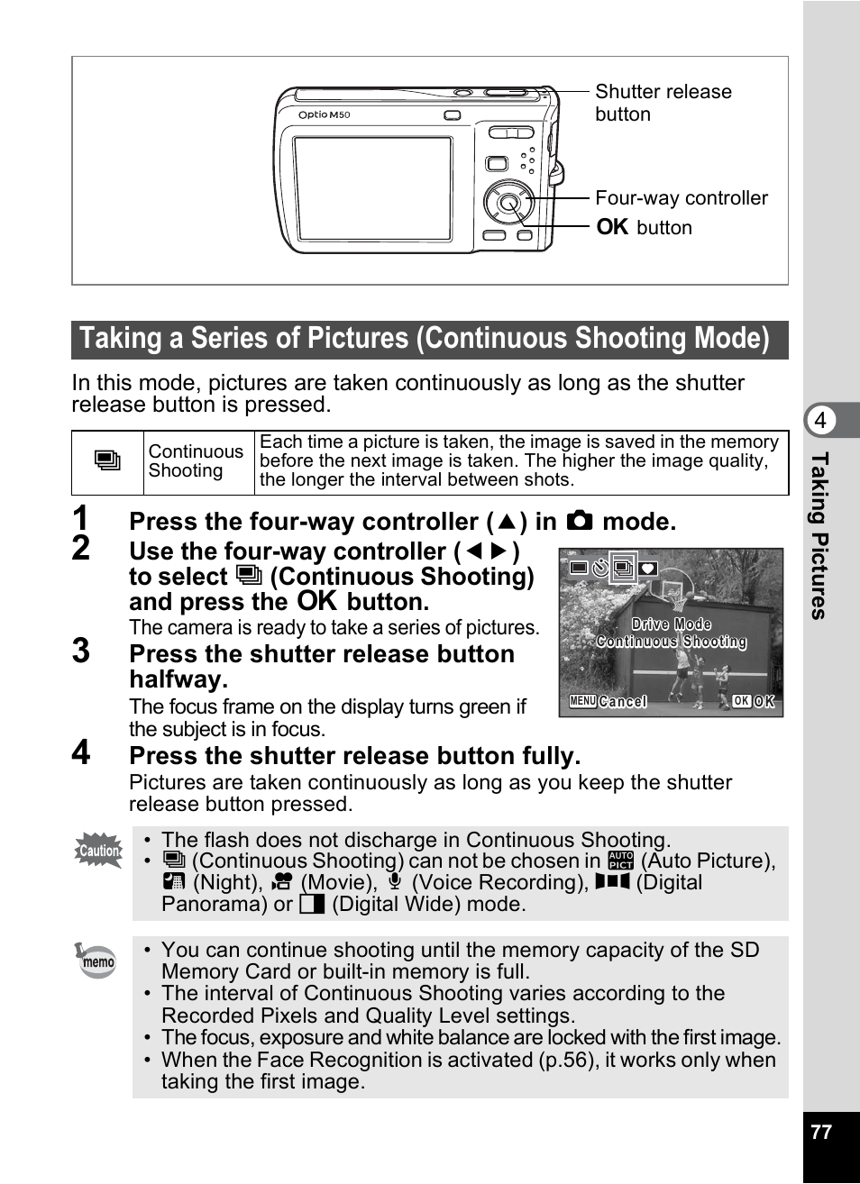 P.77, P.77), Press the four-way controller ( 2 ) in a mode | Press the shutter release button halfway, Press the shutter release button fully | Pentax Optio M50 User Manual | Page 79 / 212