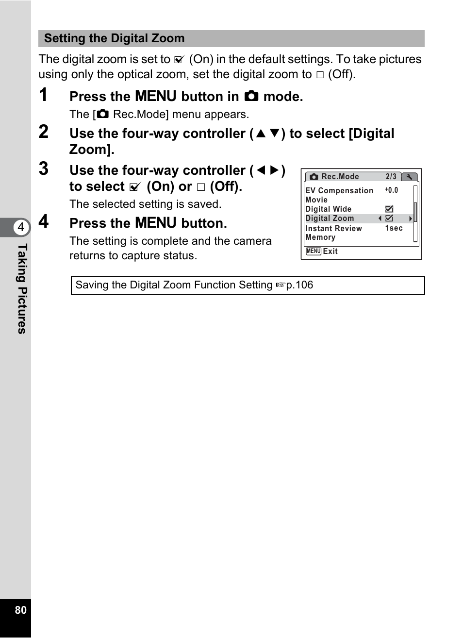 P.80, Press the 3 button in a mode, Press the 3 button | Pentax Optio M50 User Manual | Page 82 / 212