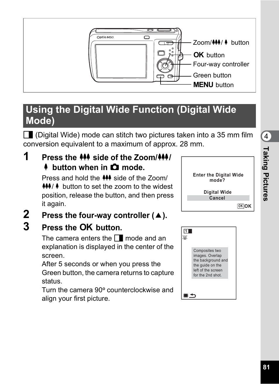 Press the four-way controller ( 2 ), Press the 4 button | Pentax Optio M50 User Manual | Page 83 / 212