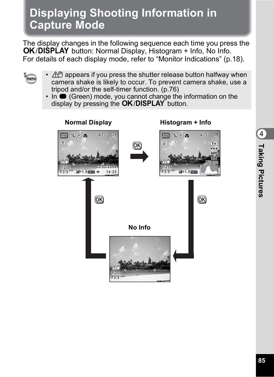 Displaying shooting information in capture mode, G (p.85, P.85 | 4tak ing pi cture s, Histogram + info no info normal display | Pentax Optio M50 User Manual | Page 87 / 212