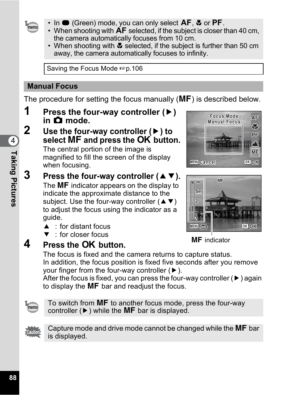 P.88), Press the four-way controller ( 5 ) in a mode, Press the four-way controller ( 23 ) | Press the 4 button, Manual focus | Pentax Optio M50 User Manual | Page 90 / 212