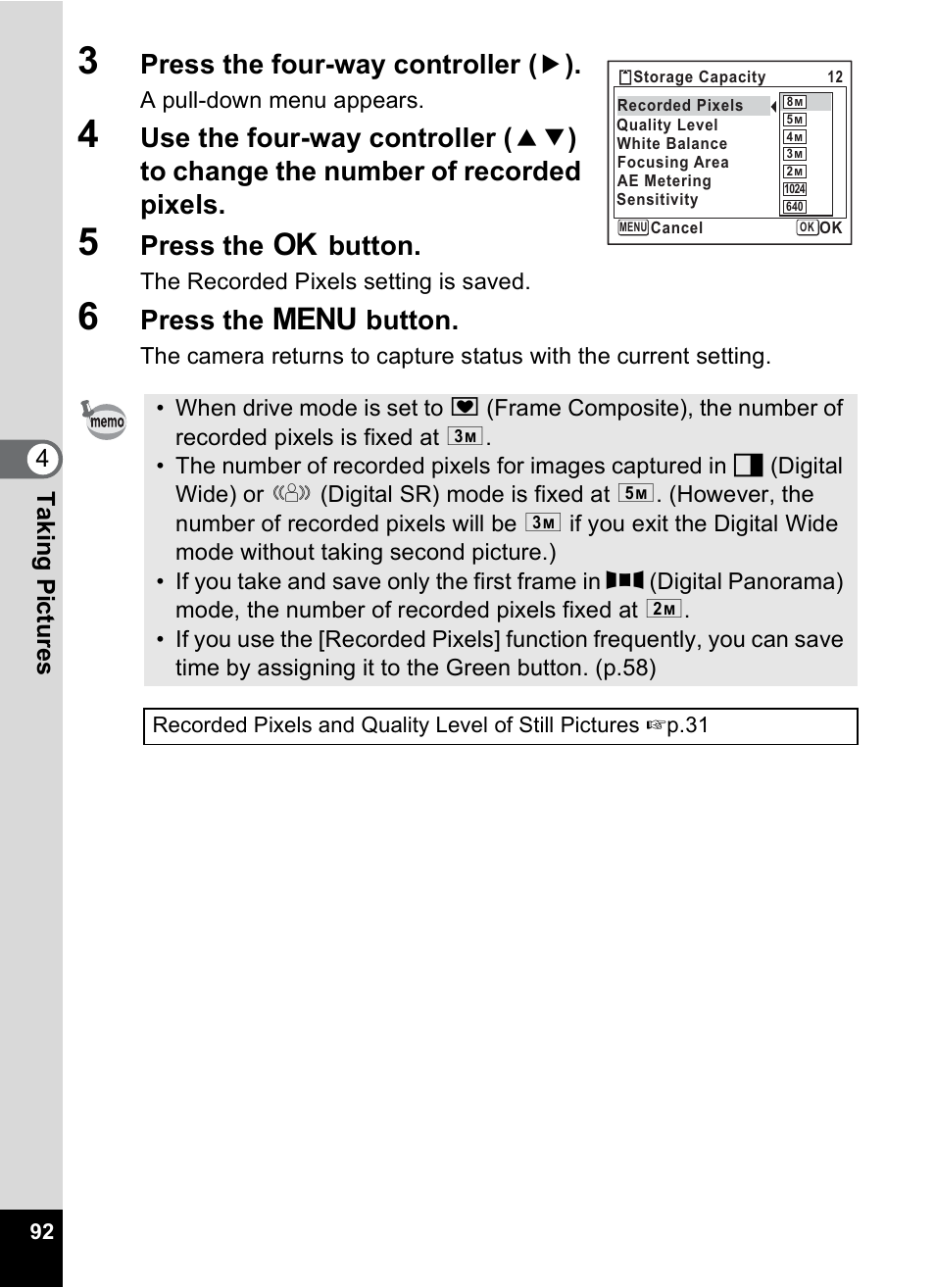 Press the four-way controller ( 5 ), Press the 4 button, Press the 3 button | 4tak ing pi cture s | Pentax Optio M50 User Manual | Page 94 / 212