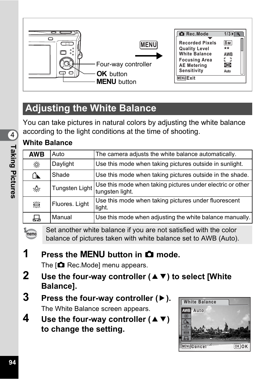 Adjusting the white balance, E (p.94), P.94 | Press the 3 button in a mode, Press the four-way controller ( 5 ) | Pentax Optio M50 User Manual | Page 96 / 212