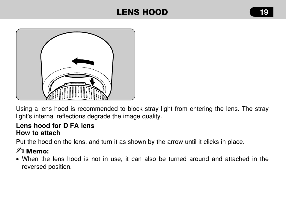 Lens hood | Pentax -D User Manual | Page 21 / 28
