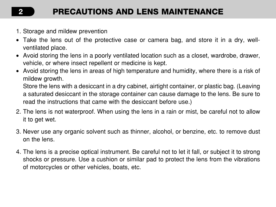 Precautions and lens maintenance | Pentax -D User Manual | Page 4 / 28