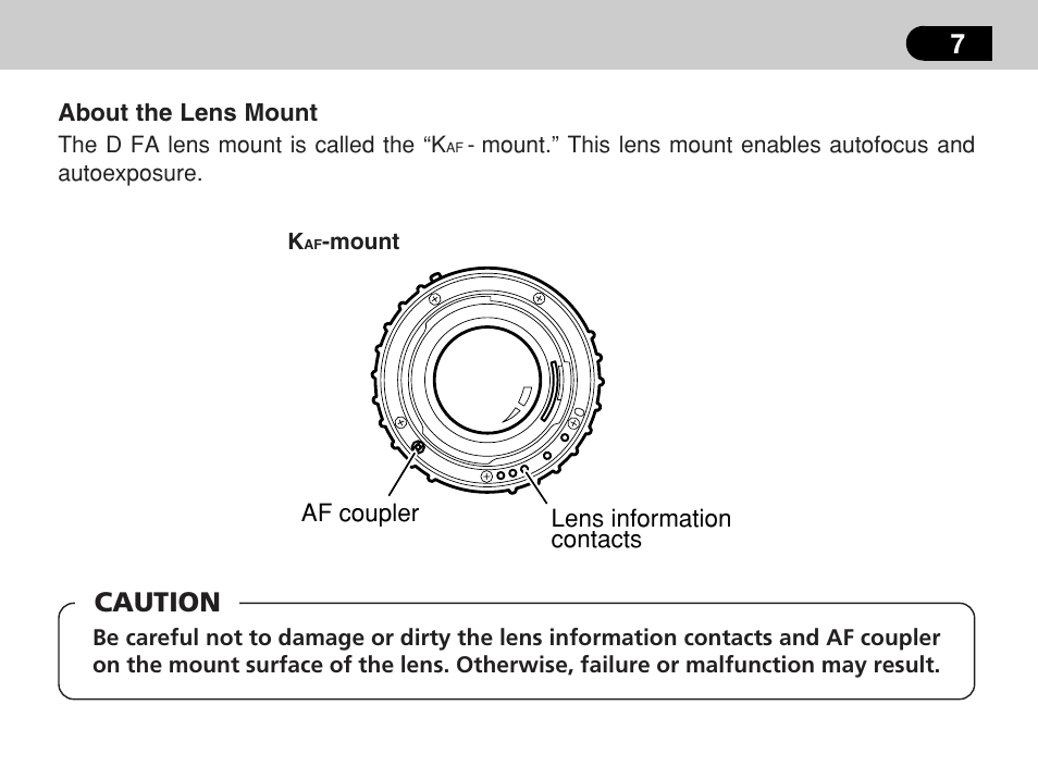 Caution | Pentax -D User Manual | Page 9 / 28