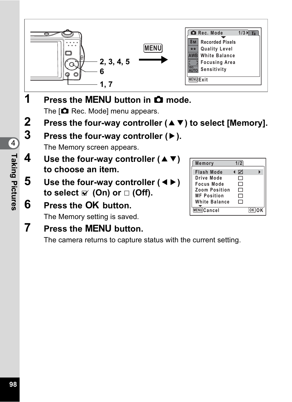 Press the 3 button in a mode, Press the four-way controller ( 5 ), Press the 4 button | Press the 3 button | Pentax Optio V10 User Manual | Page 100 / 192