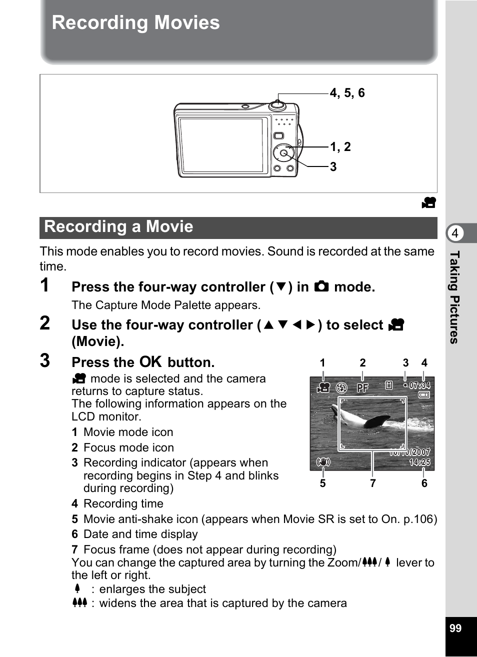 Recording movies, Recording a movie, P.99) | P.99 | Pentax Optio V10 User Manual | Page 101 / 192