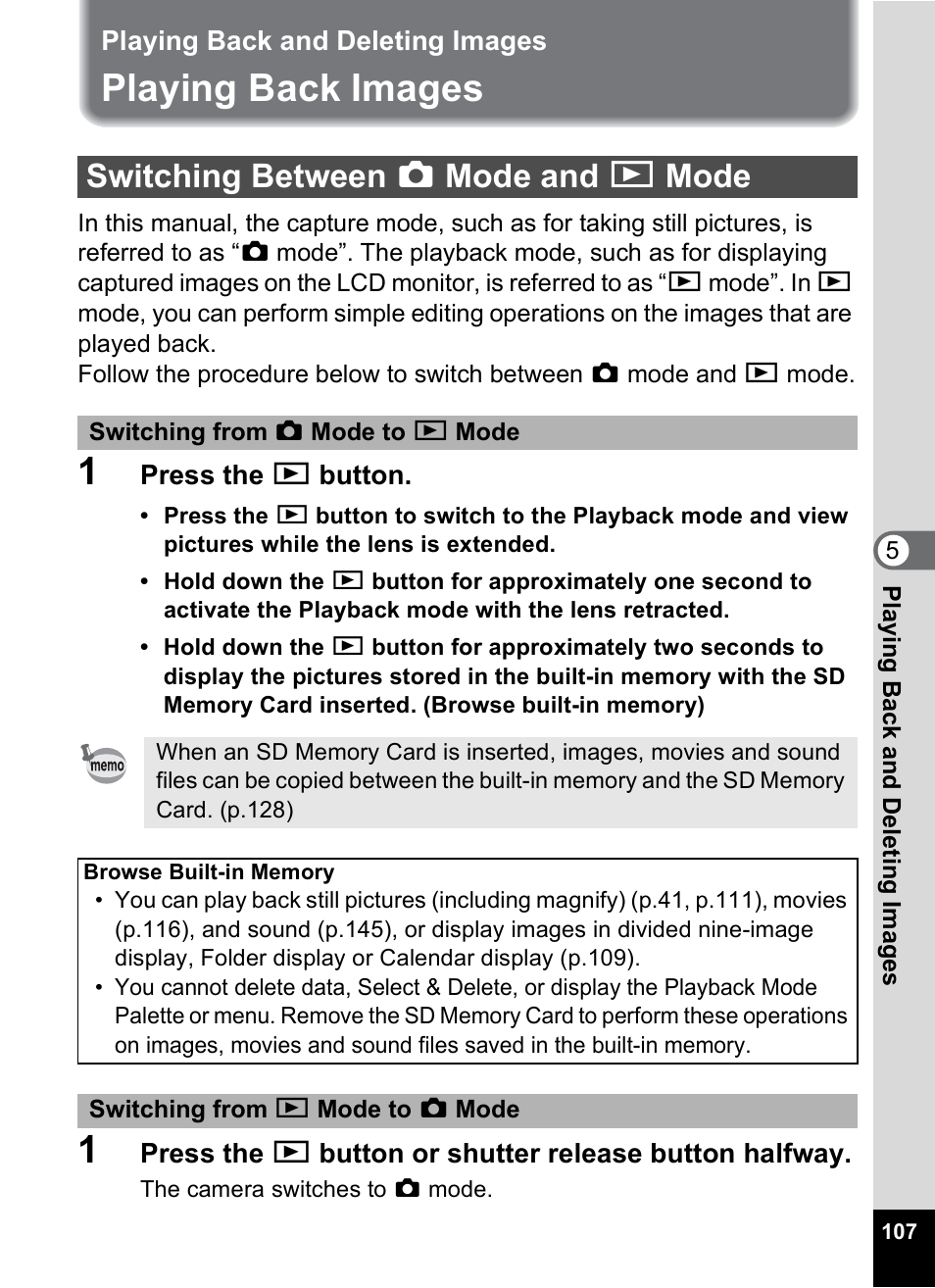 Playing back and deleting images, Playing back images, Switching between capture mode and playback mode | Switching between a mode and q mode, P.107) | Pentax Optio V10 User Manual | Page 109 / 192