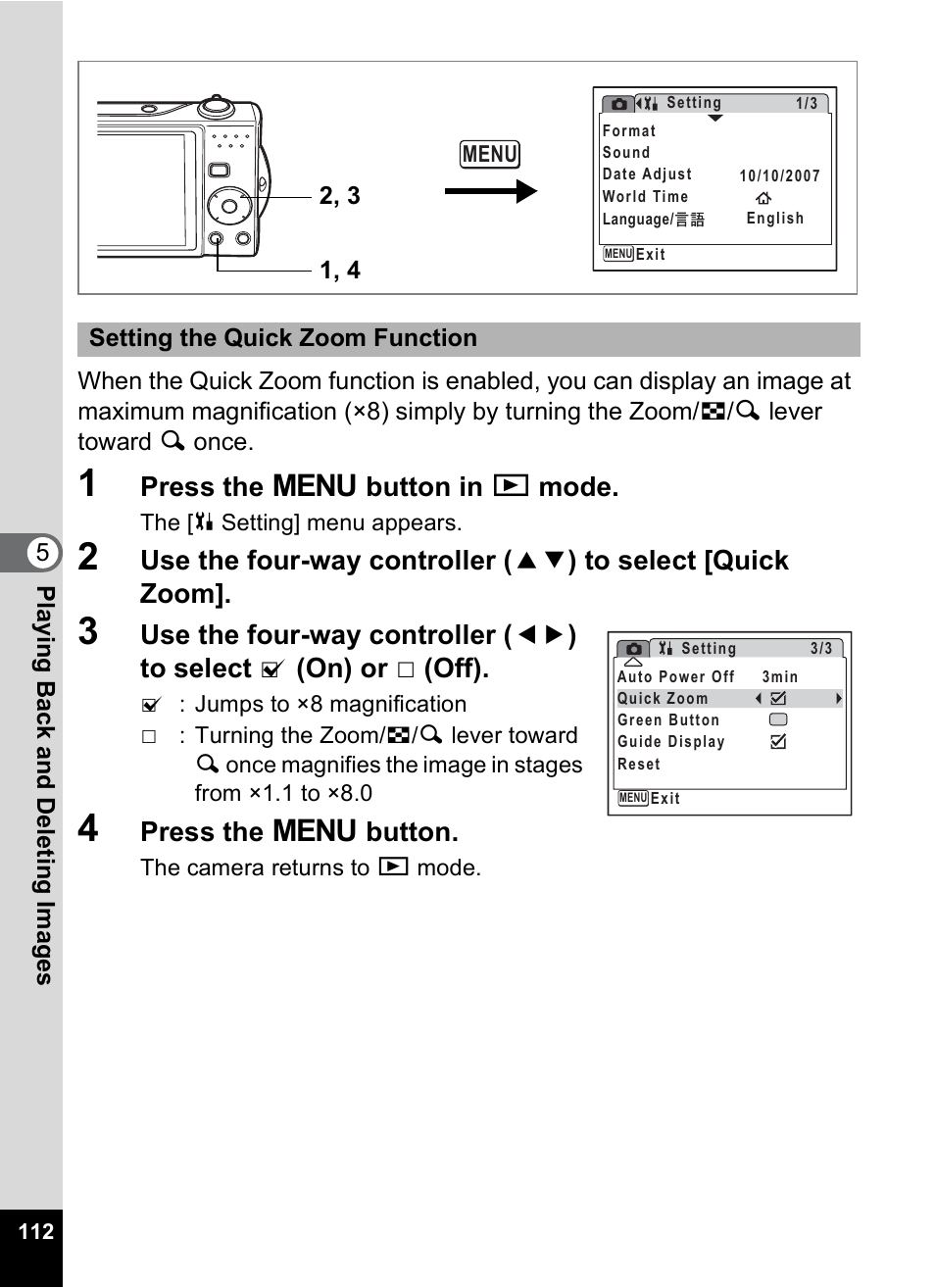 P.112, Press the 3 button in q mode, Press the 3 button | Pentax Optio V10 User Manual | Page 114 / 192