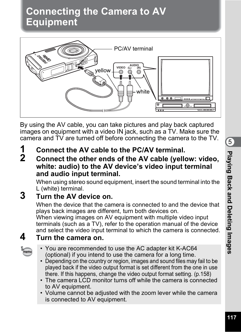 Connecting the camera to av equipment | Pentax Optio V10 User Manual | Page 119 / 192