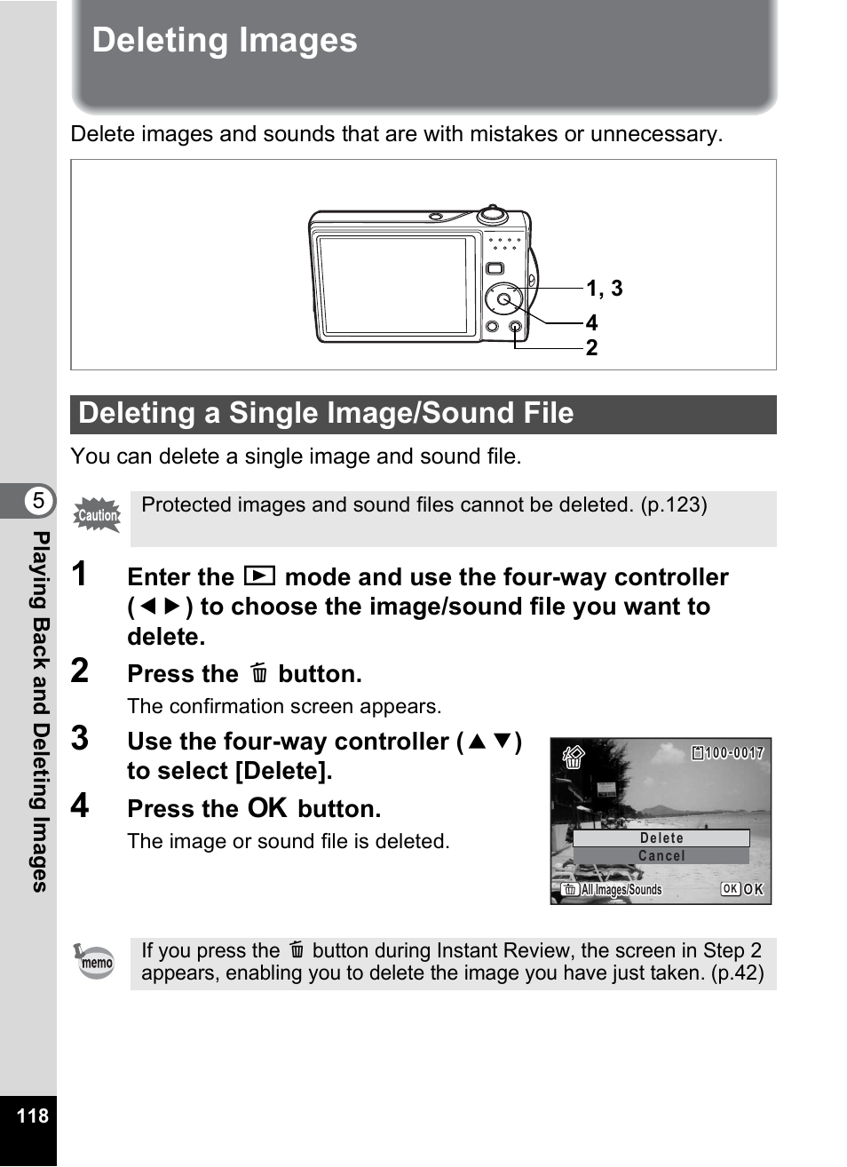 Deleting images, Deleting a single image/sound file, P.118) | Pentax Optio V10 User Manual | Page 120 / 192