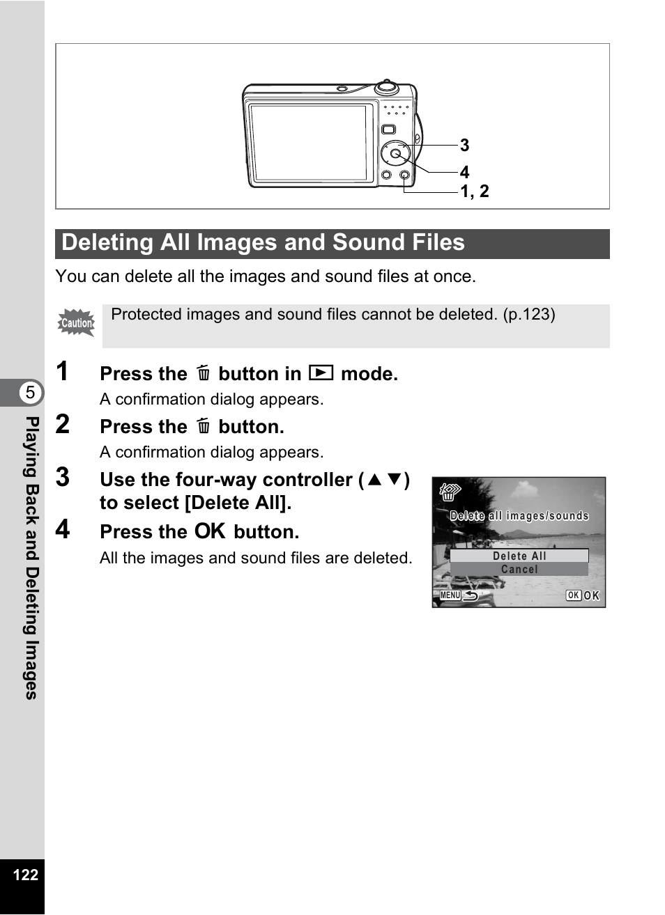 Deleting all images and sound files | Pentax Optio V10 User Manual | Page 124 / 192