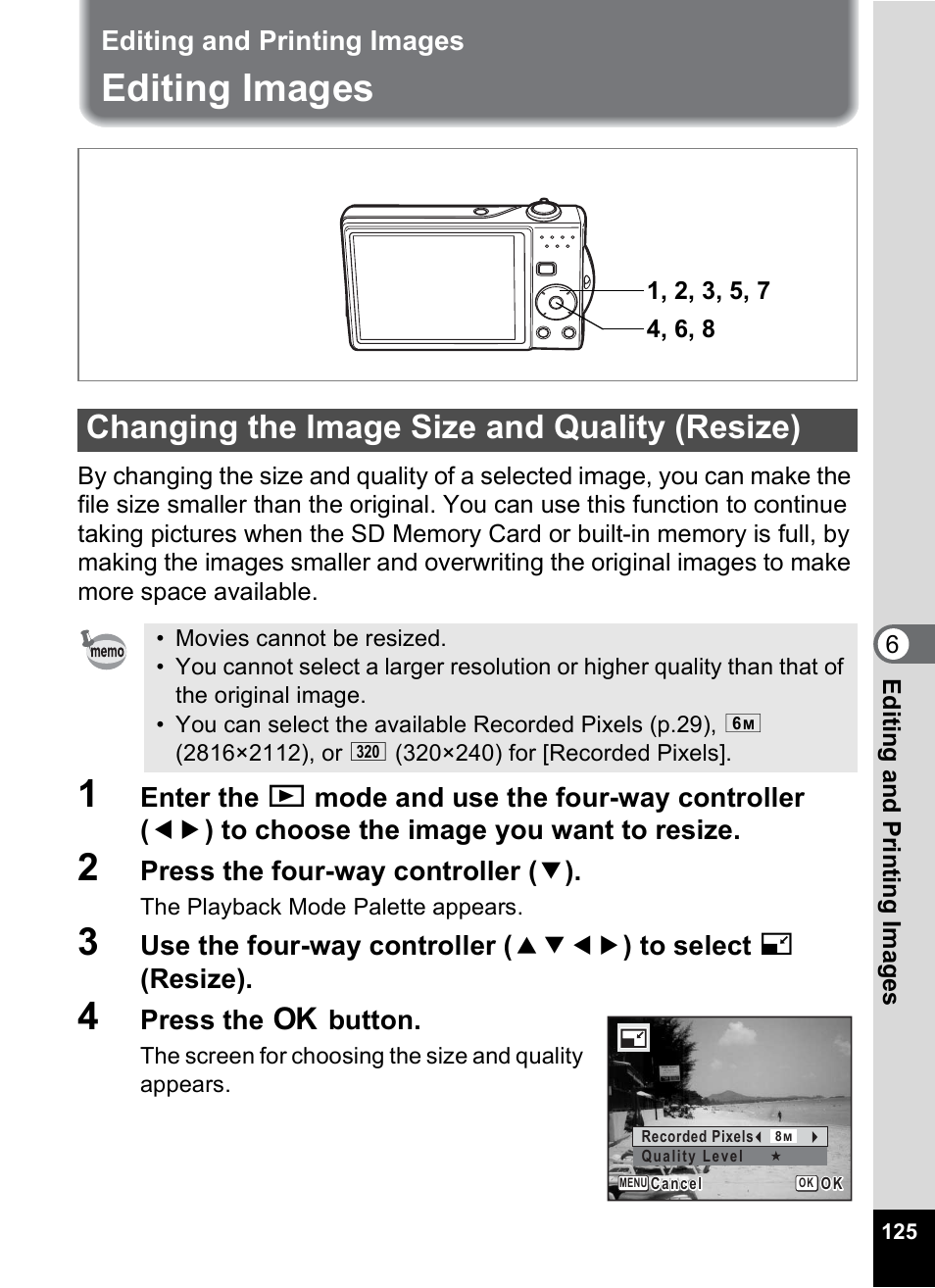 Editing and printing images, Editing images, Changing the image size and quality (resize) | P.125 | Pentax Optio V10 User Manual | Page 127 / 192