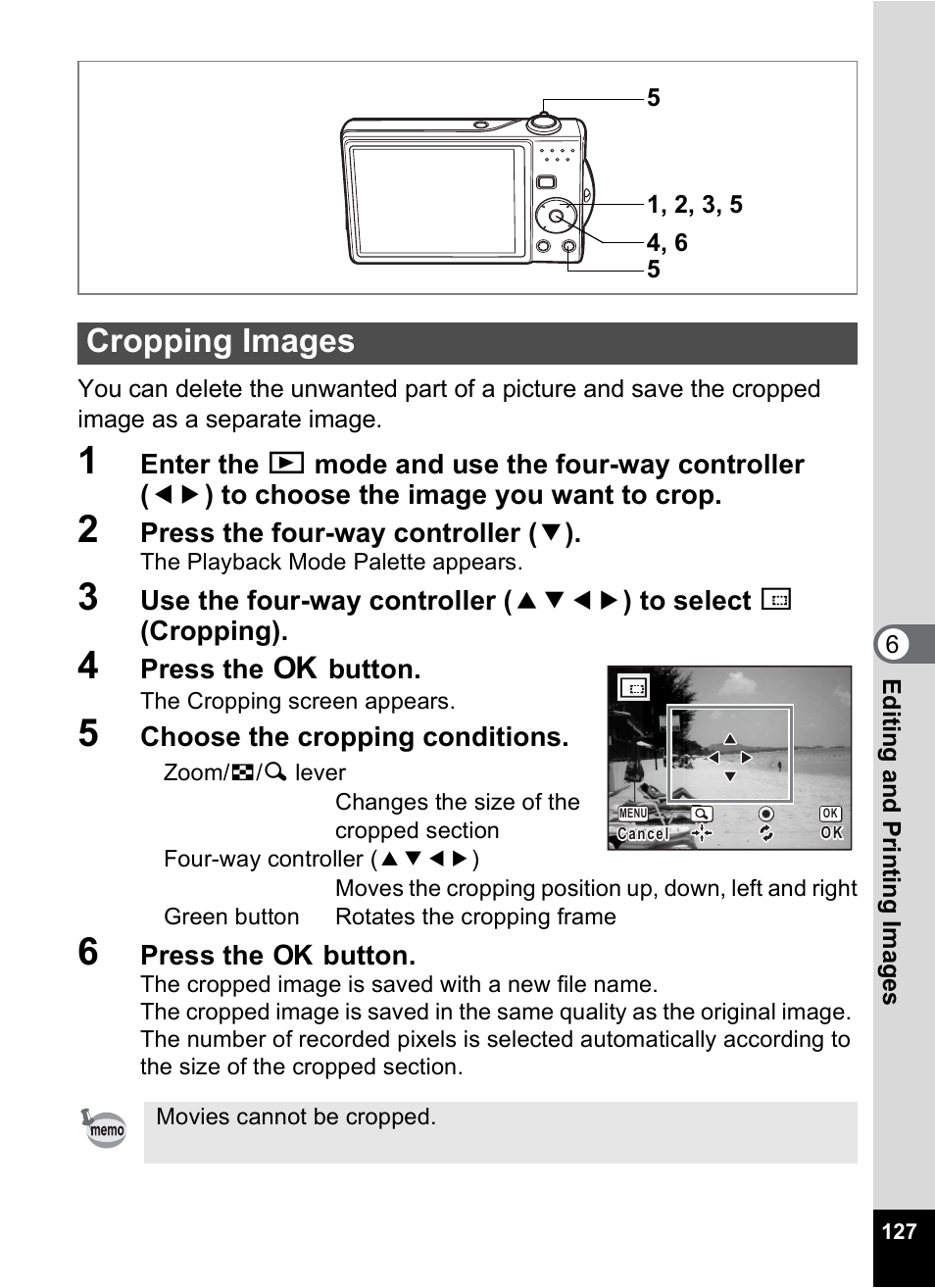 Cropping images, P.127 | Pentax Optio V10 User Manual | Page 129 / 192
