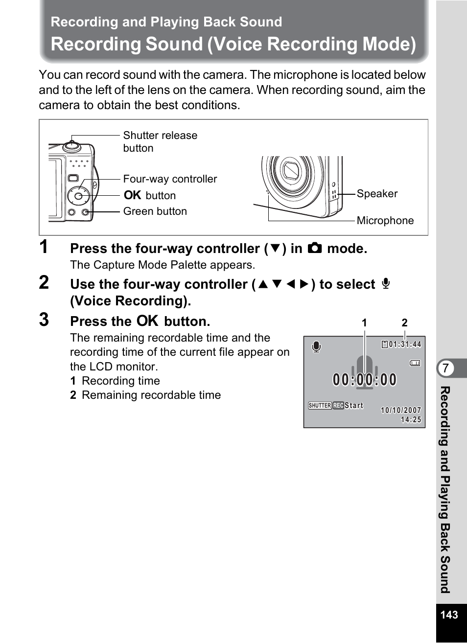 Recording and playing back sound, Recording sound (voice recording mode), P.143 | Pentax Optio V10 User Manual | Page 145 / 192