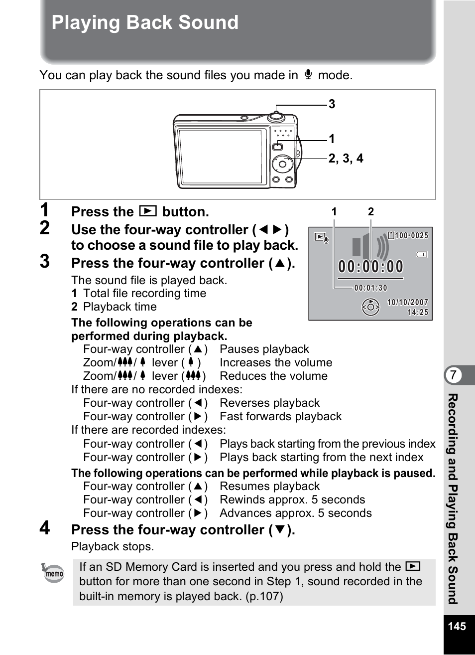 Playing back sound, P.145, P.145) | Pentax Optio V10 User Manual | Page 147 / 192