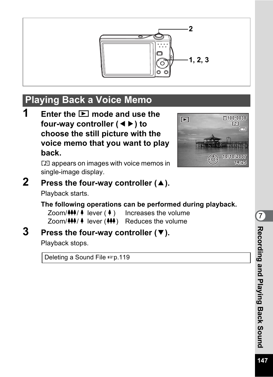 Playing back a voice memo, P.147) | Pentax Optio V10 User Manual | Page 149 / 192